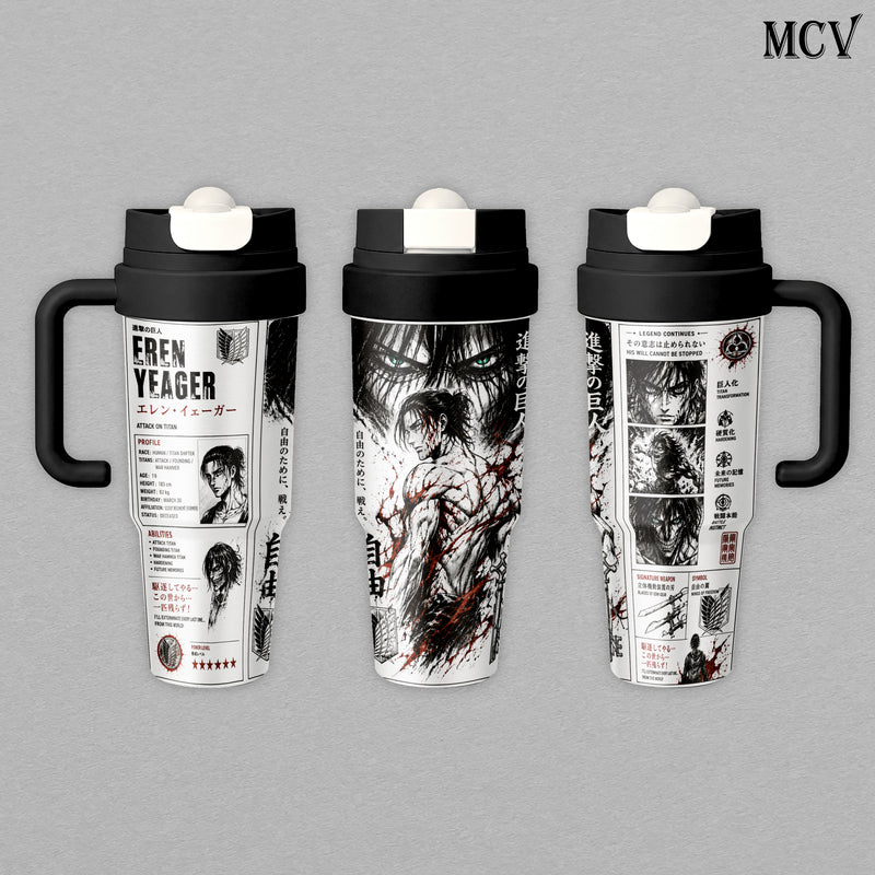 Eren Yeager Attack on Titan Embossed Art Tumbler 17oz 24oz 30oz - Anime Stainless Steel Insulated Cup, Travel Mug, Water Bottle, Raised Print Gift for Fans
