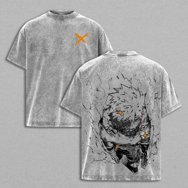 Bakugo Explosion Hero Vintage Washed Oversized Tee – My Hero Academia Heavy Cotton Double Printed Anime Streetwear T-Shirt, Retro Anime Streetwear for Men and Women