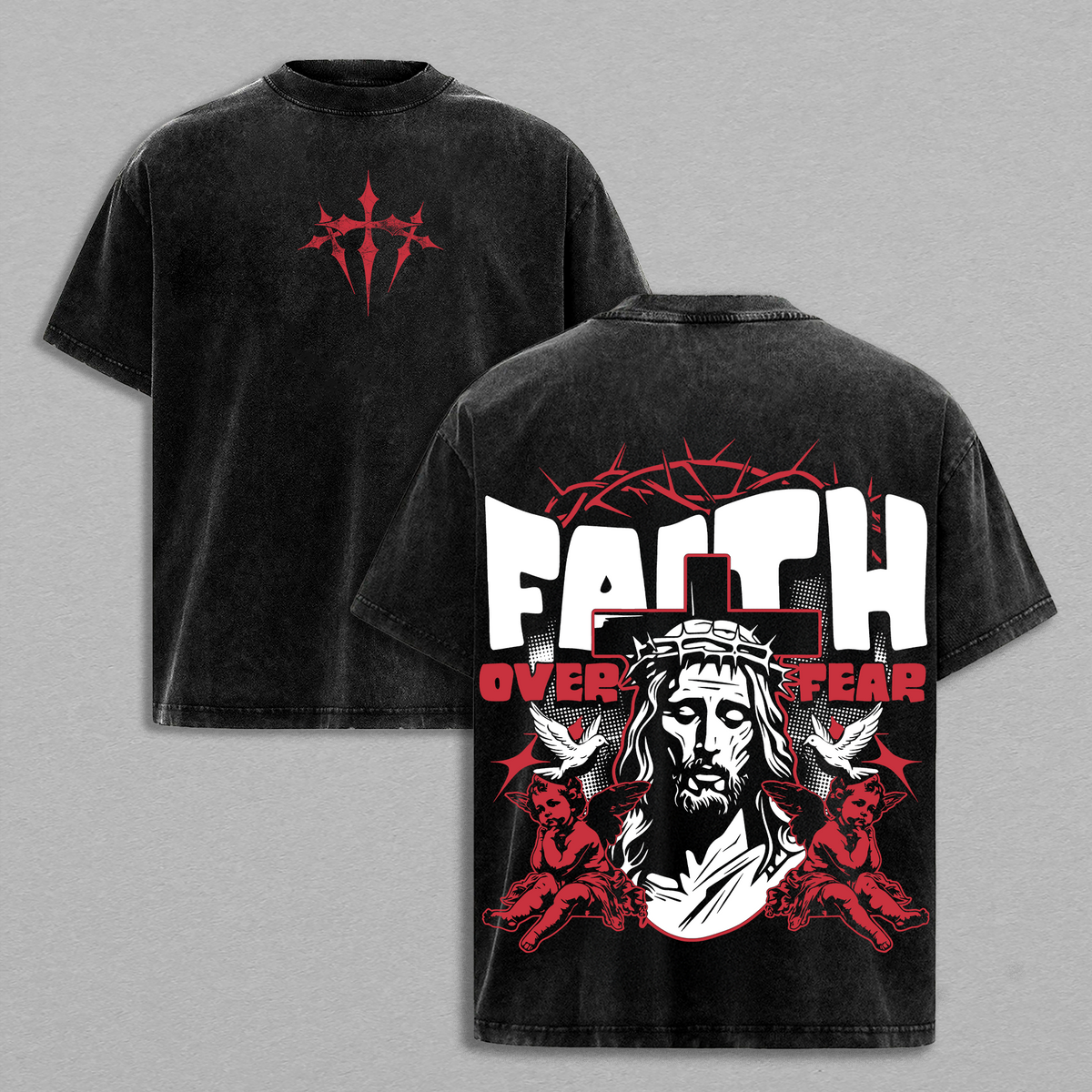 Faith Over Fear Jesus Shirt | Crown of Thorns Christian Graphic Tee | Vintage Washed Angel Print | Bold Cross Streetwear | Religious Spiritual Heavy Cotton Oversized Tee for Believers