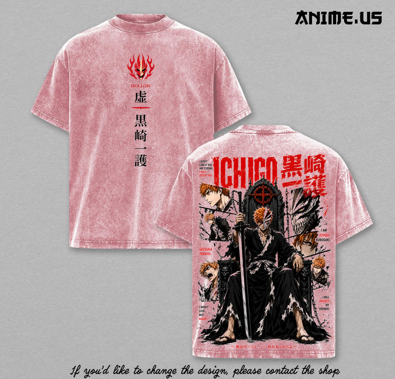 Ichigo Kurosaki Bleach T-Shirt, Hollow Form Getsuga Tensho Anime Graphic Tee, Vintage Washed Heavyweight Shirt, Anime Streetwear