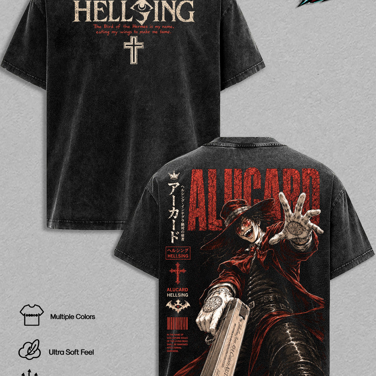 Alucard Hellsing Vintage Washed T Shirt, Hellsing Ultimate Anime Graphic Tee, Oversized Heavyweight Cotton Streetwear Tshirt, Gift for Hellsing Fans Men & Women