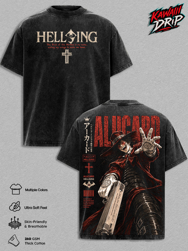 Alucard Hellsing Vintage Washed T Shirt, Hellsing Ultimate Anime Graphic Tee, Oversized Heavyweight Cotton Streetwear Tshirt, Gift for Hellsing Fans Men & Women