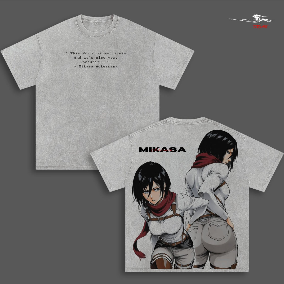Mikasa Ackerman Attack on Titan Anime Double Printed Vintage Washed Tee Unisex Oversize Anime Manga Washed Heavyweight Cotton T-shirt