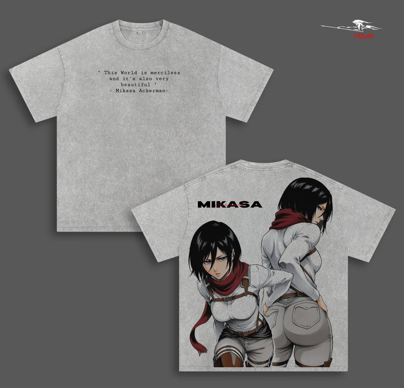 Mikasa Ackerman Attack on Titan Anime Double Printed Vintage Washed Tee Unisex Oversize Anime Manga Washed Heavyweight Cotton T-shirt