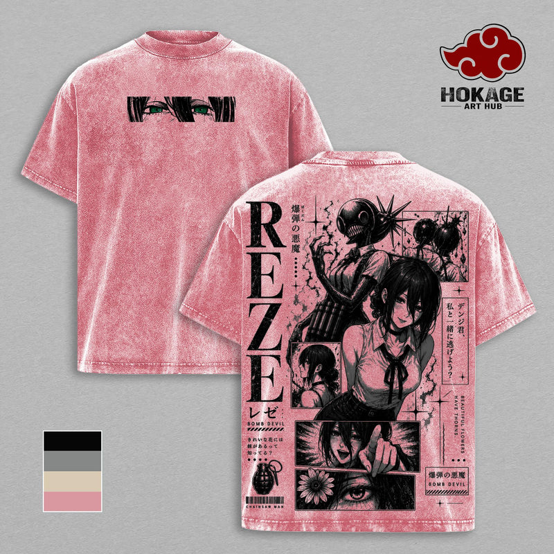 Reze Chainsaw Man T-Shirt, Bomb Devil Anime Graphic Tee, Back Print Vintage Manga Shirt, Graphic Tees Men, Trendy Tshirts, Men's T Shirts, Chainsaw Man Streetwear, Unisex Cotton Distressed Tee, Merch For Men