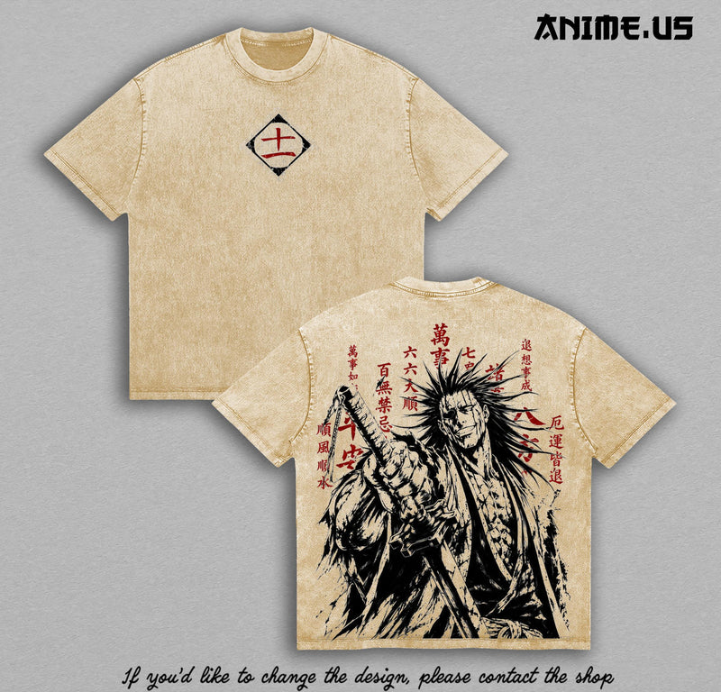 Kenpachi Zaraki Bleach Thousand-Year Blood War Vintage Washed Tee, Soul Reaper Captain Anime Graphic Oversized Heavyweight Cotton Shirt