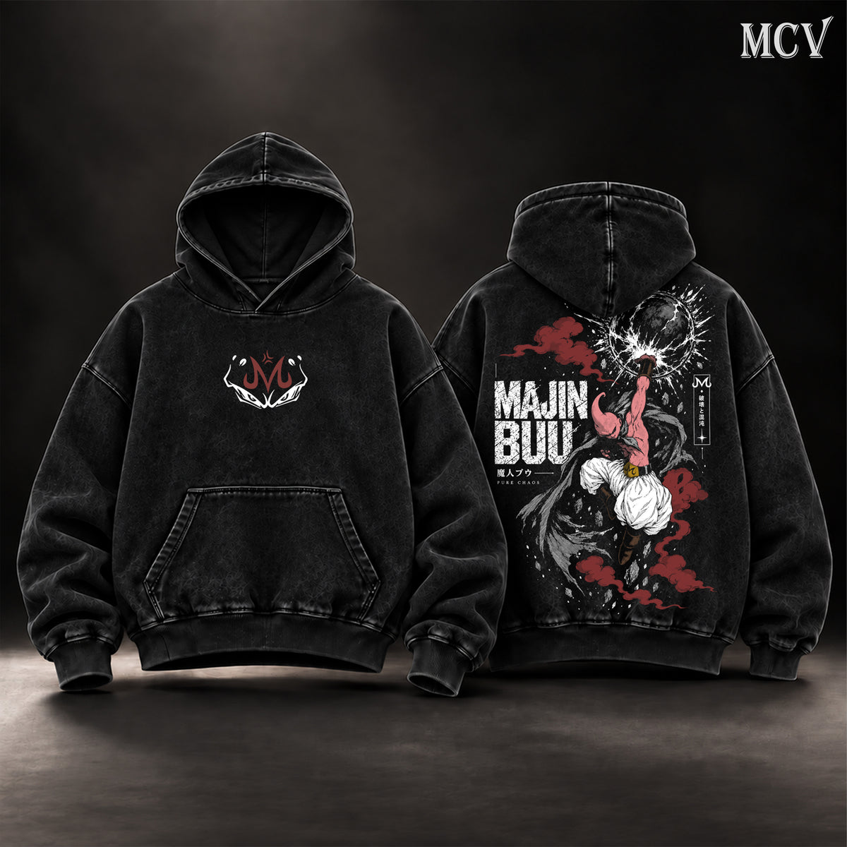 Majin Buu Dragon Ball Z Vintage Washed Oversized Hoodie, Double-Sided Kid Buu Anime Graphic Pullover, Pure Chaos Destruction Artwork, Retro 90s Y2K Streetwear, Unisex DBZ Fan Gift