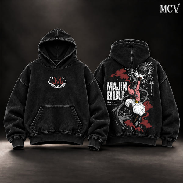 Majin Buu Dragon Ball Z Vintage Washed Oversized Hoodie, Double-Sided Kid Buu Anime Graphic Pullover, Pure Chaos Destruction Artwork, Retro 90s Y2K Streetwear, Unisex DBZ Fan Gift