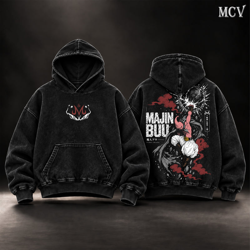Majin Buu Dragon Ball Z Vintage Washed Oversized Hoodie, Double-Sided Kid Buu Anime Graphic Pullover, Pure Chaos Destruction Artwork, Retro 90s Y2K Streetwear, Unisex DBZ Fan Gift