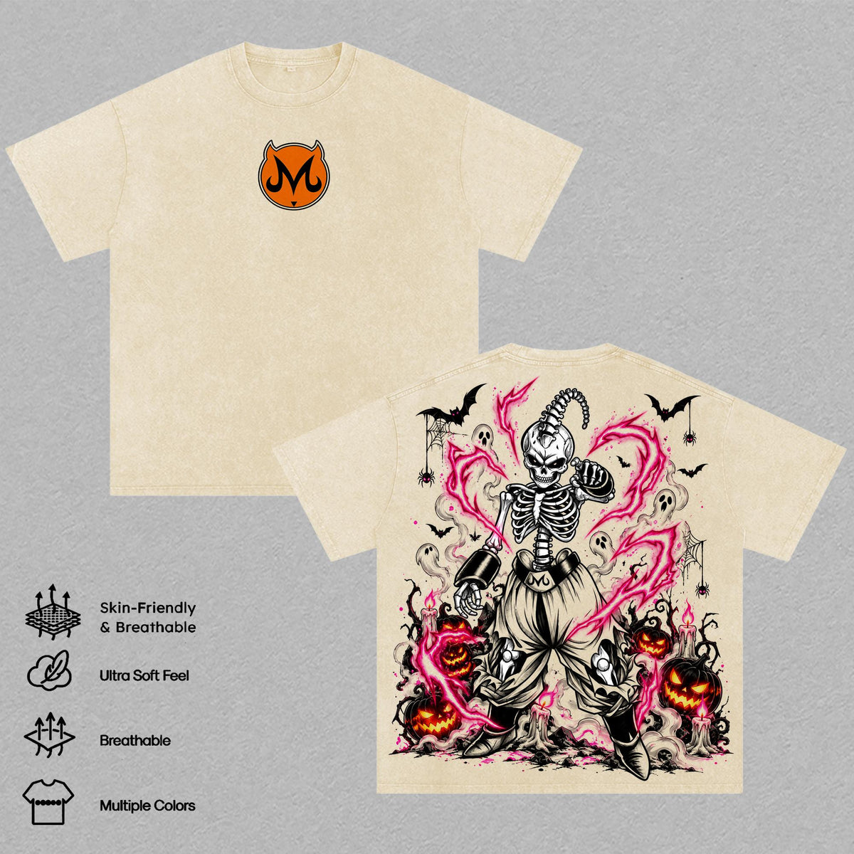 Majin Buu Halloween Washed T-Shirt, DBZ Anime Graphic Tee, Skeleton Spooky Oversized Streetwear Shirt, Halloween Anime Gift