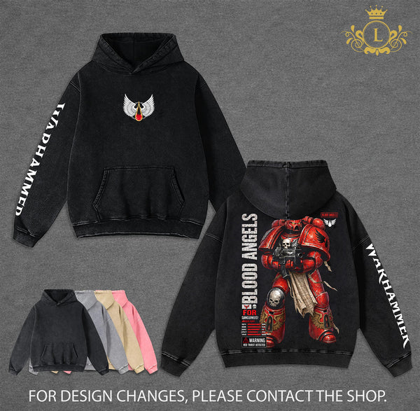 Blood Angels Warhammer 40,000 Dawn of War IV Hoodie Wash, Vintage Grimdark Sci Fi Graphic Hoodie, Space Warrior Gaming Streetwear, Heavyweight Cotton Pullover, Warhammer 40K Fan Apparel, Retro Video Game Hoodie, Unisex Gamer Gift