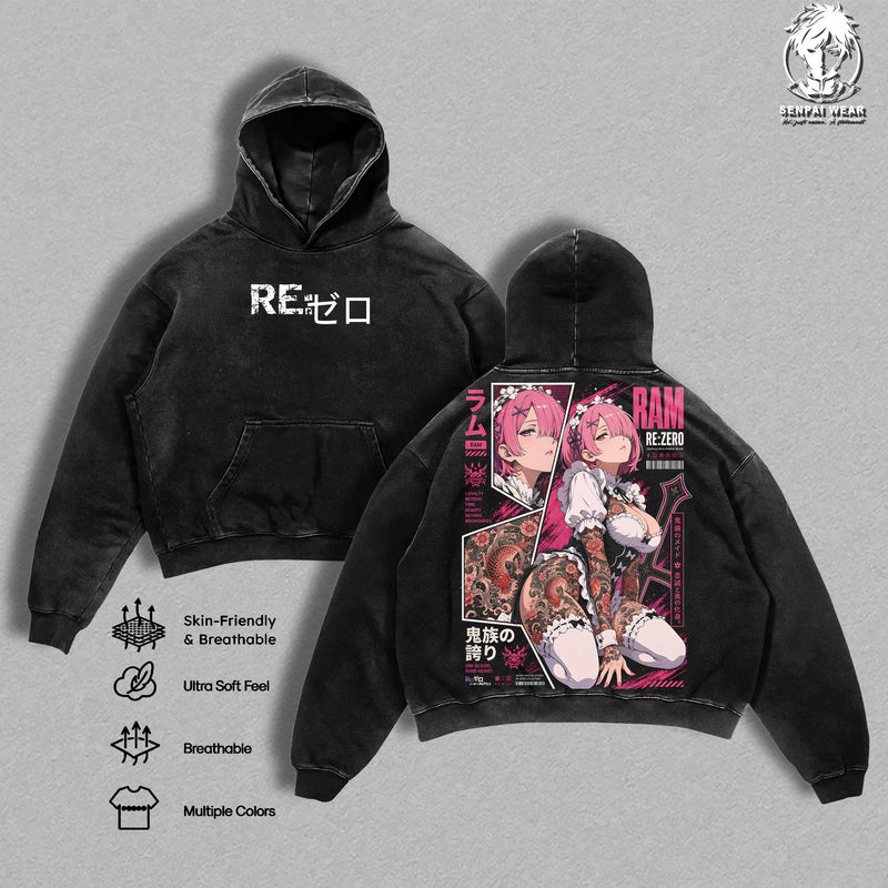 Ram Re:Zero Graphic Tee Vintage Washed Shirt Unisex Streetwear Anime Merch Wind Magic Tee Oni Maid T-Shirt Gift for Anime Lovers Re:Zero Fans