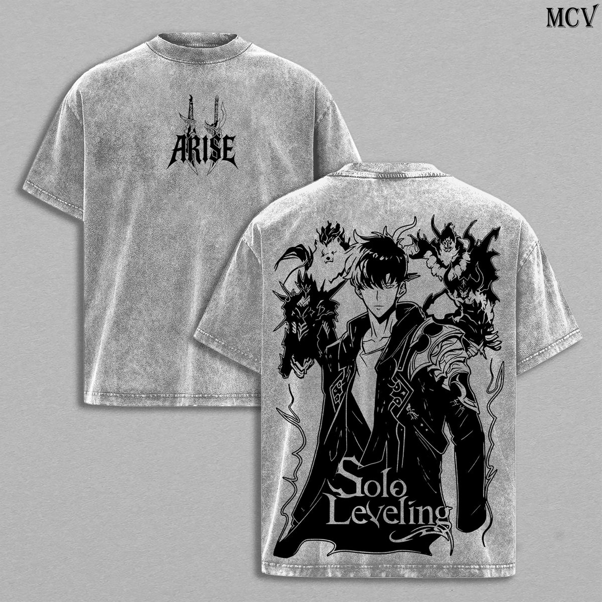 Arise Sung Jin-Woo Tee Washed – Solo Leveling Vintage Washed Heavy Cotton Oversized Anime Manga T-Shirt & Hoodie, Shadow Monarch with Beru Igris Bellion Tusk Edition, Double Printed Retro Unisex Streetwear Graphic Top