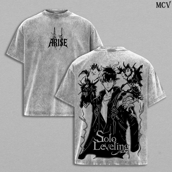 Arise Sung Jin-Woo Tee Washed – Solo Leveling Vintage Washed Heavy Cotton Oversized Anime Manga T-Shirt & Hoodie, Shadow Monarch with Beru Igris Bellion Tusk Edition, Double Printed Retro Unisex Streetwear Graphic Top