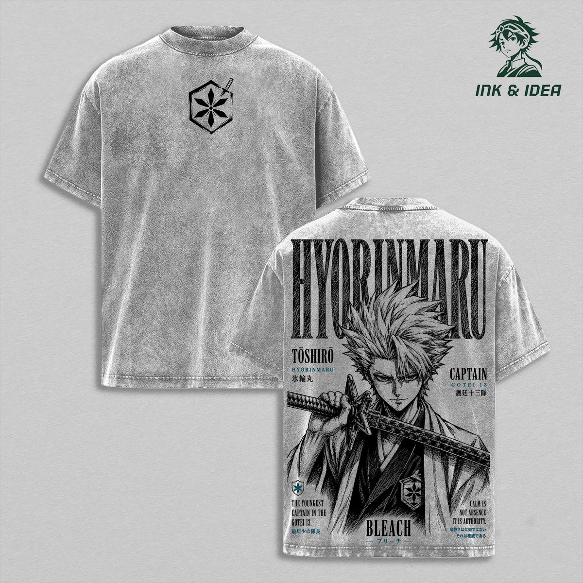 Toshiro Hitsugaya Bleach Vintage Washed Heavyweight Cotton T-Shirt, Hyorinmaru Ice Dragon Soul Reaper Captain Graphic Tee, Double Sided Oversized Manga Streetwear, Unisex Anime Fan Gift