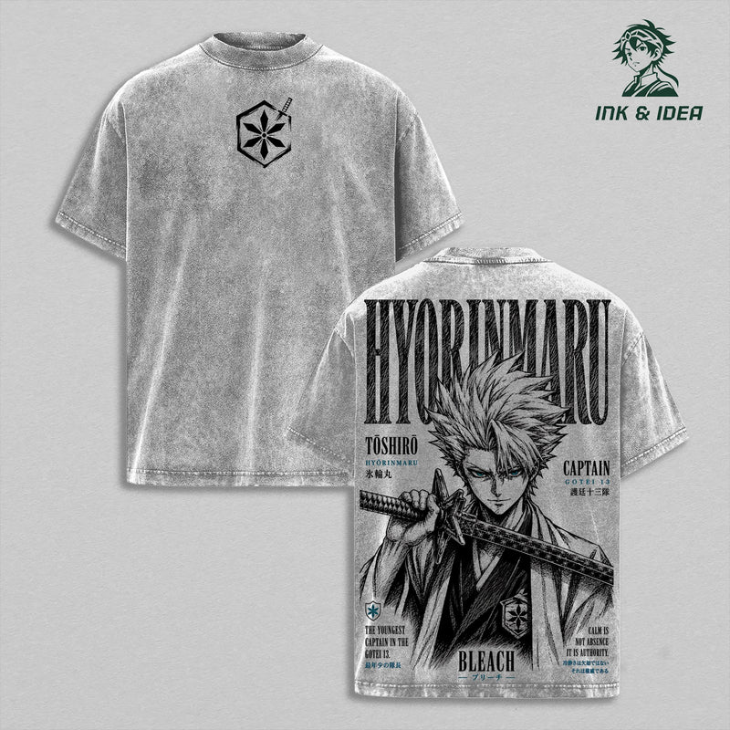 Toshiro Hitsugaya Bleach Vintage Washed Heavyweight Cotton T-Shirt, Hyorinmaru Ice Dragon Soul Reaper Captain Graphic Tee, Double Sided Oversized Manga Streetwear, Unisex Anime Fan Gift