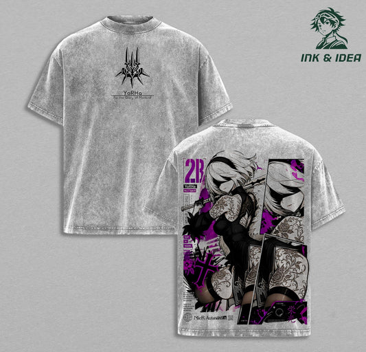 2B NieR Automata Vintage Washed Anime T-Shirt YoRHa No.2 Type B Graphic Tee Cyberpunk Waifu Shirt Heavyweight Cotton Gaming Streetwear Unisex Manga Apparel Gift for NieR Fans