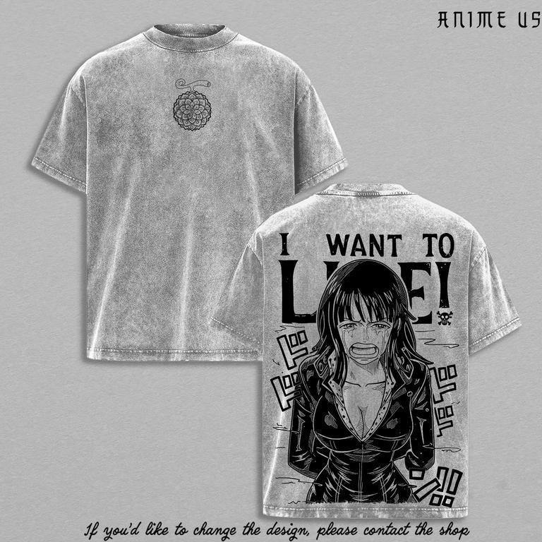 Nico Robin One Piece “I Want To Live” Vintage Washed Anime T-Shirt Scene Graphic Tee Streetwear Retro Shirt Heavy Cotton Gift for Anime Manga Fans