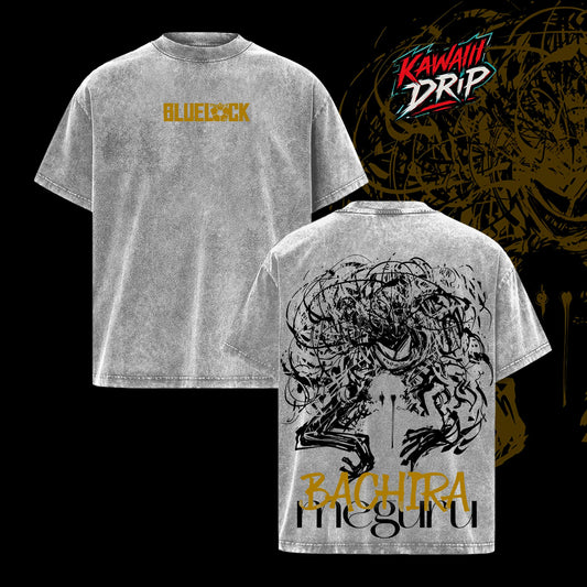 Blue Lock Anime Bachira Meguru Soccer Manga, Double Printed Oversize Lightweight Acid Washed Tee, Japanese Anime Graphic Top Cotton Gift T-Shirt For Anime Fan, Gift T-Shirt For Manga & Football Lover