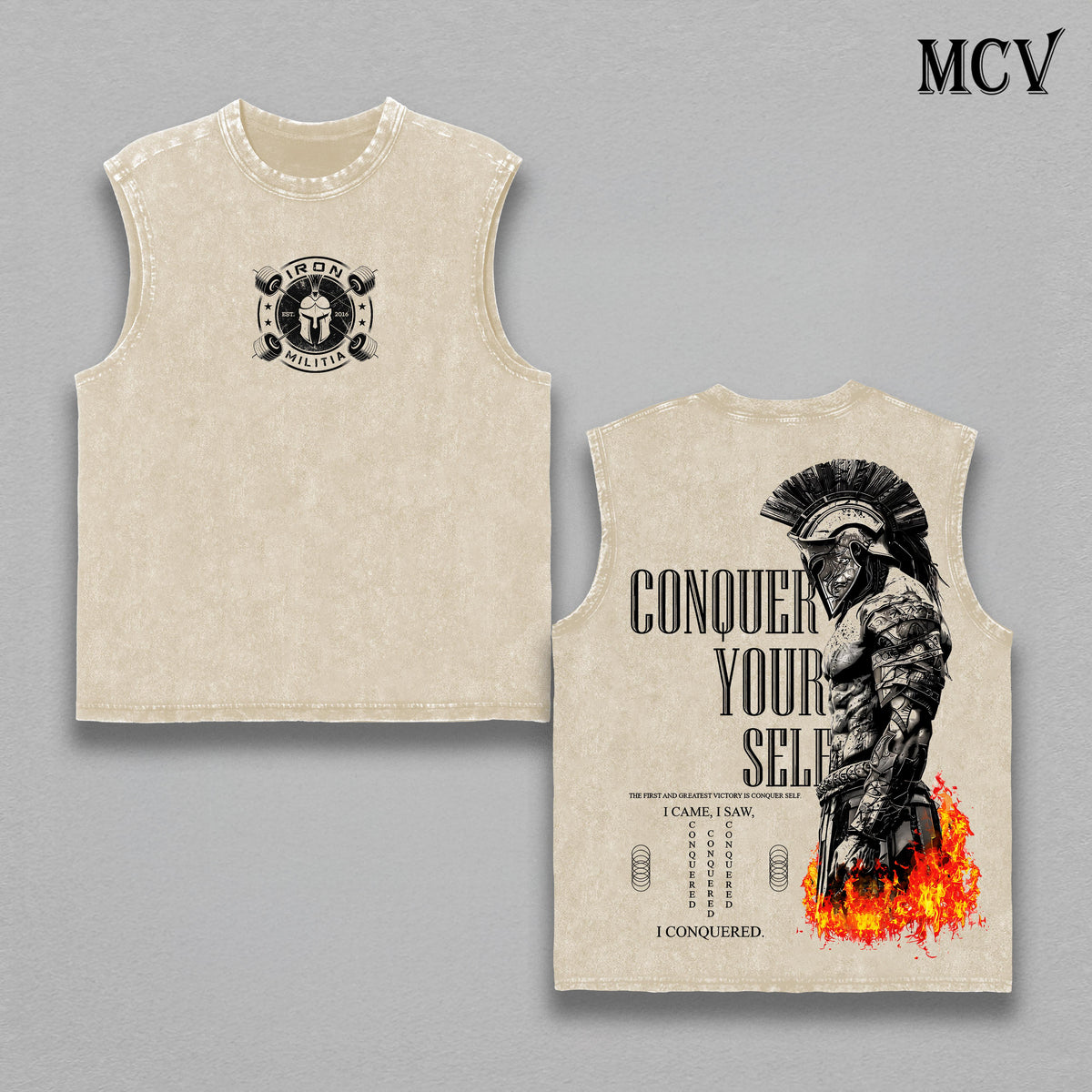 Conquer Yourself Vintage Washed Tank Top – Spartan Warrior Graphic Sleeveless Shirt, Heavy Cotton Muscle Tank for Men, Gym Motivation Fitness Streetwear