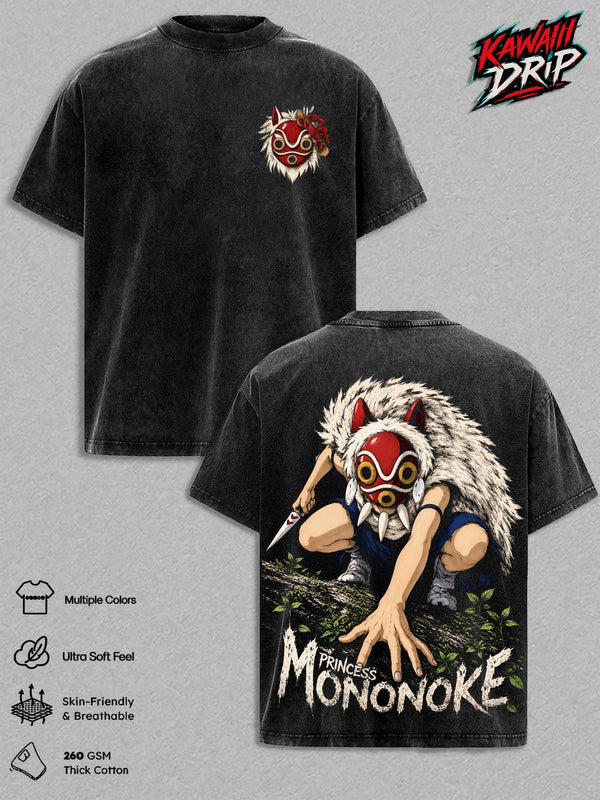 San Wolf Princess Vintage Washed Anime T-Shirt – Princess Mononoke Graphic Tee, Retro Anime Streetwear Oversized Heavy Cotton Unisex Shirt, Anime Gift for Men & Women