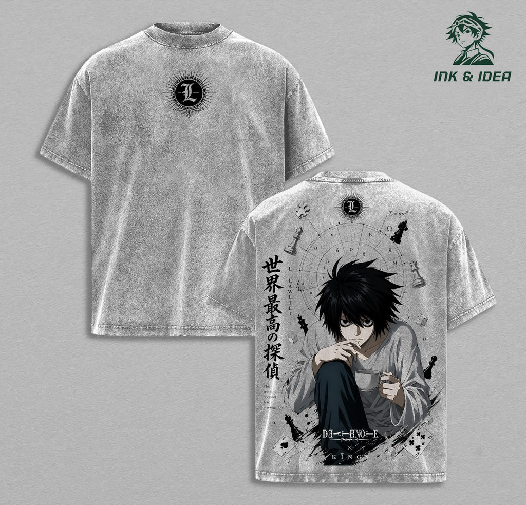 L Lawliet Death Note Vintage Washed Anime T-Shirt, Detective Graphic Tee, Oversized Streetwear Shirt, Heavy Cotton Manga Apparel, Unisex Anime Fan Gift