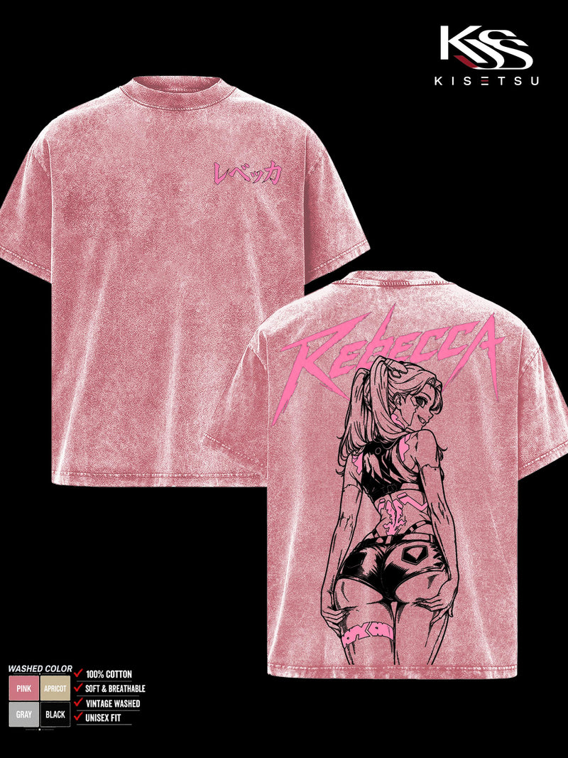 Rebecca Cyberpunk Edgerunners Double Sided Graphic Tee, Oversized Vintage Washed Anime T-Shirt, Soft Cotton Round Neck Menswear Unisex Streetwear, Gift for Anime Fans