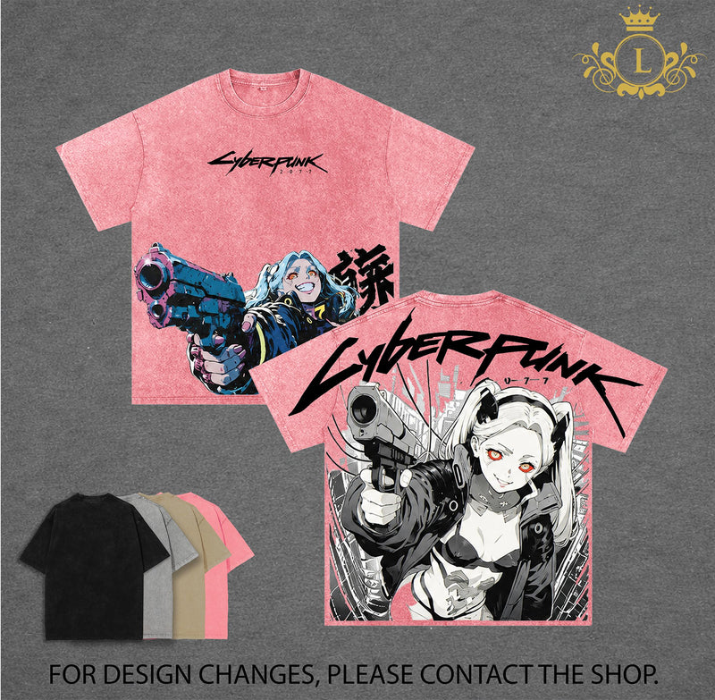 Limited Cyberpunk Edgerunners Rebecca Anime Double Printed Vintage Washed Tee Unisex Oversize Anime Manga Washed Heavyweight Cotton T-shirt