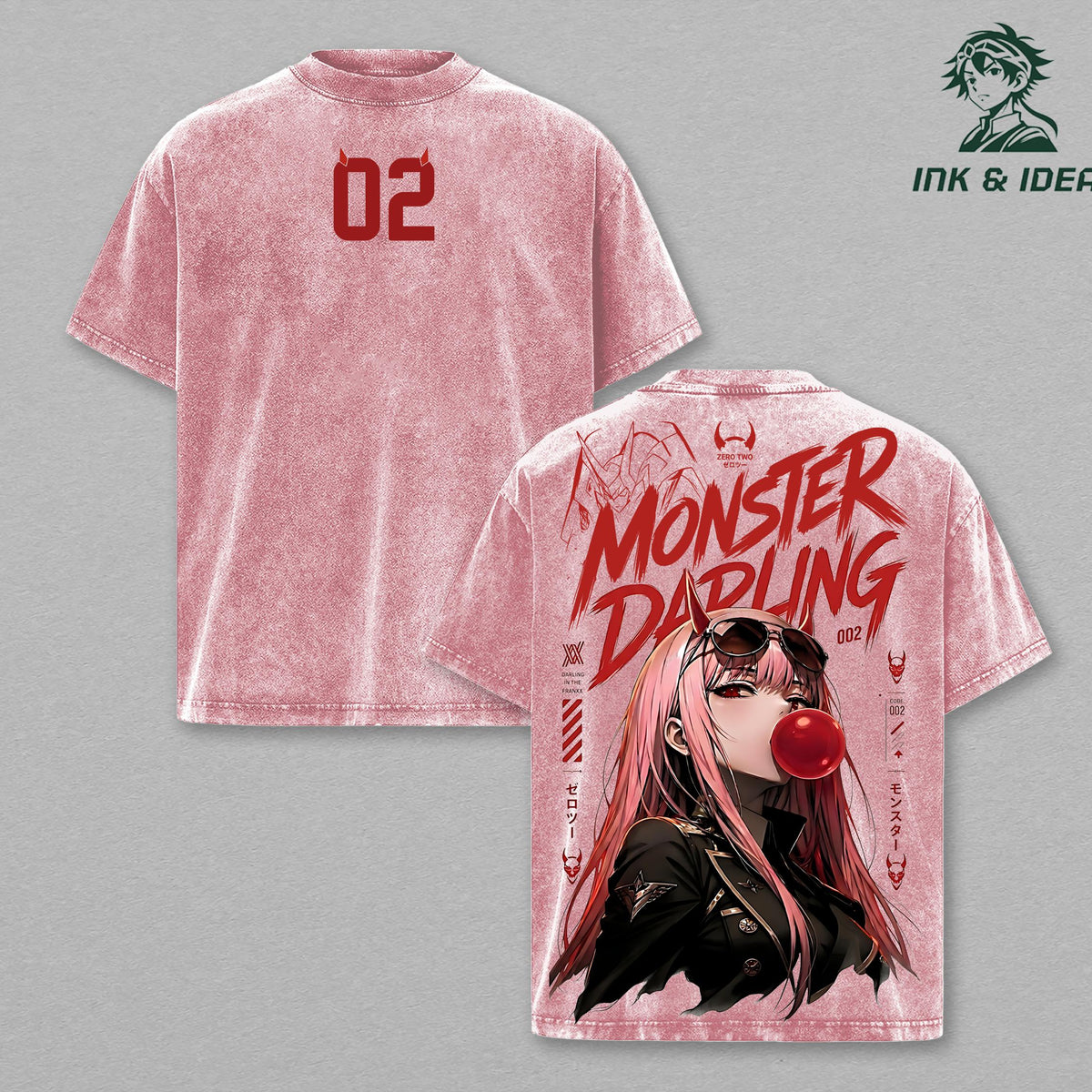 Zero Two Darling in the Franxx Vintage Washed T-Shirt, Monster Darling Anime Oversized Hip Hop Streetwear Tee, Heavy Cotton Y2K Graphic Shirt, Retro Manga Unisex Top Gift