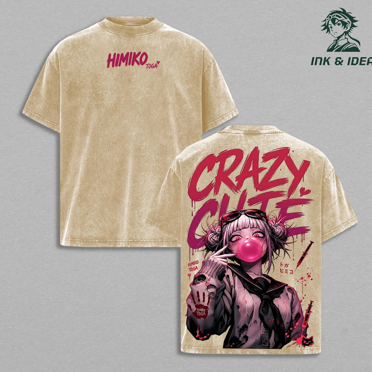 Himiko Toga Vintage Washed T-Shirt, Crazy Cute Yandere Anime Oversized Streetwear Tee, Heavy Cotton Dark Aesthetic Graphic Shirt, Retro Manga Unisex Top Gift for MHA Fans