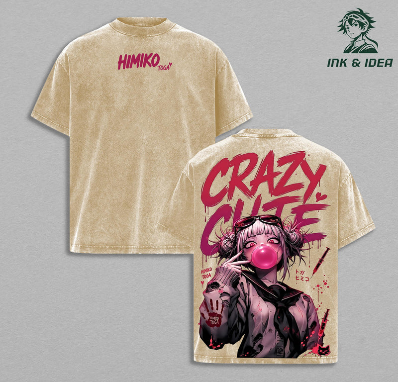 Himiko Toga Vintage Washed T-Shirt, Crazy Cute Yandere Anime Oversized Streetwear Tee, Heavy Cotton Dark Aesthetic Graphic Shirt, Retro Manga Unisex Top Gift for MHA Fans