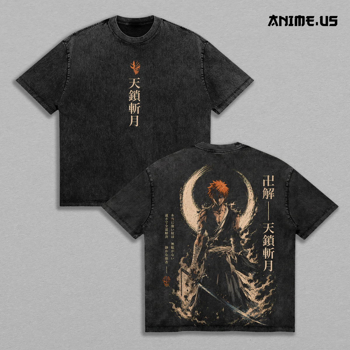 Ichigo Kurosaki Bleach Thousand-Year Blood War Vintage Washed Oversized T-Shirt, Tensa Zangetsu Anime Graphic Tee, Heavyweight Cotton Streetwear Shirt