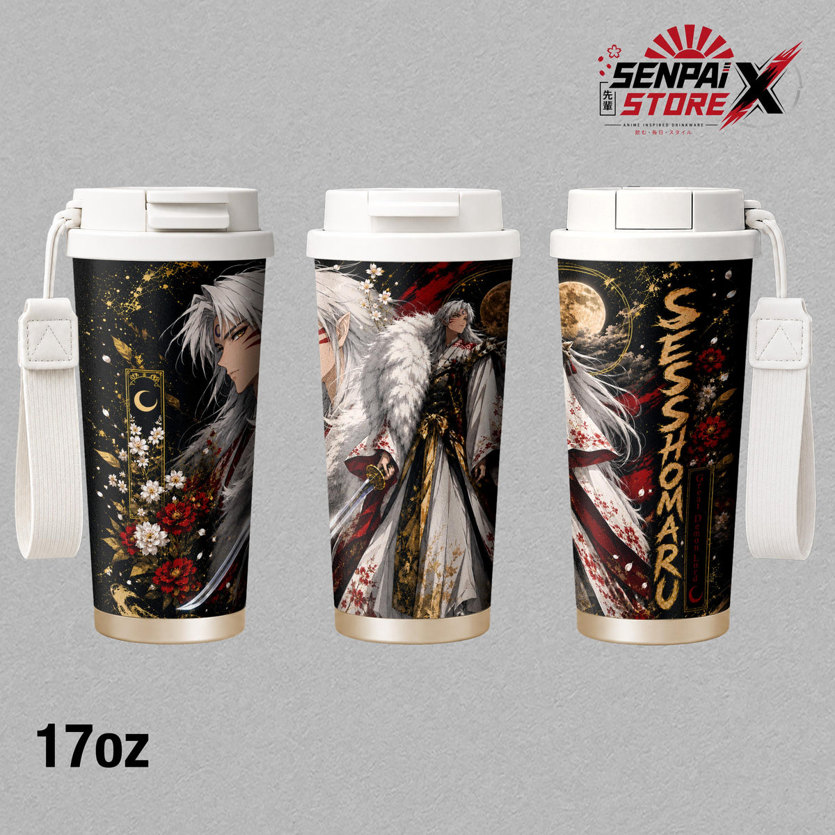 Sesshomaru Great Demon Lord - Inuyasha Anime - Moonlit White Fur Samurai Sword Floral Embossed Raised Art - 17oz 24oz 30oz Insulated Tumbler, Stainless Steel Water Bottle, Straw Cup, Handle Travel Mug