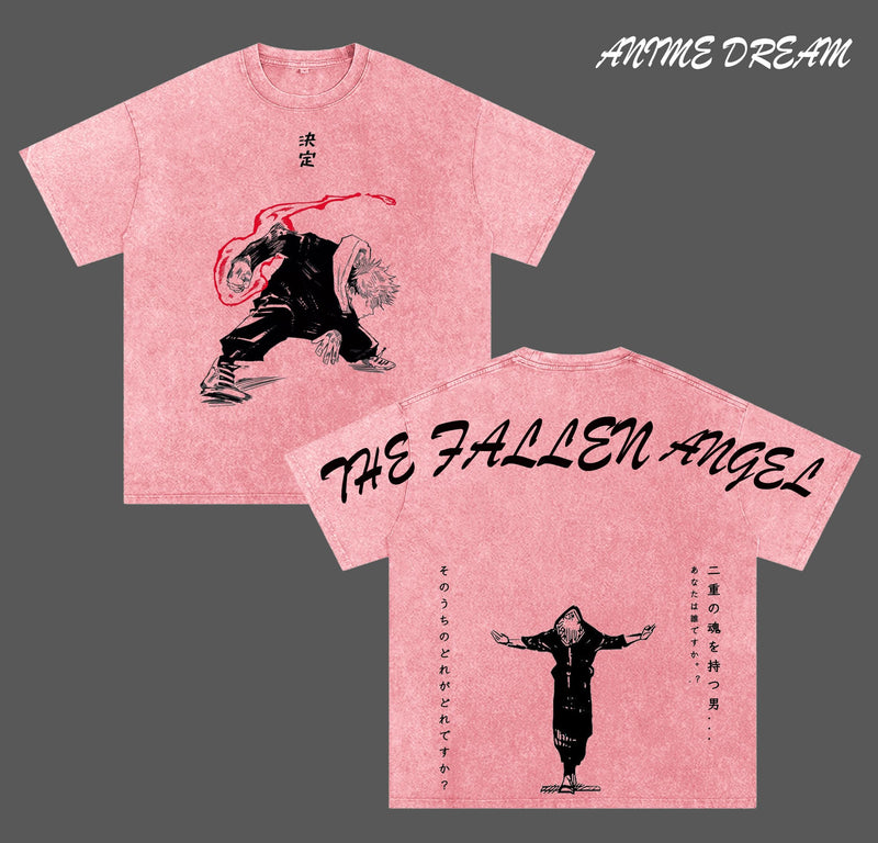 “THE FALLEN ANGEL” Itadori Yuji Jujutsu Kaisen Anime Double Printed Vintage Washed Tee Unisex Oversize Anime Manga Washed Heavyweight Cotton T-shirt