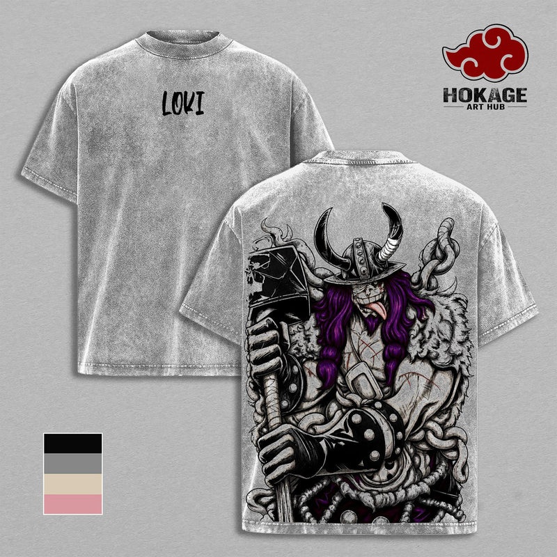 Loki Washed Tee – One Piecee Anime Elbaf Giant Prince Manga Graphic Double Printed T-Shirt, Menswear Heavy Cotton Unisex Oversize Streetwear Vintage Anime Tee