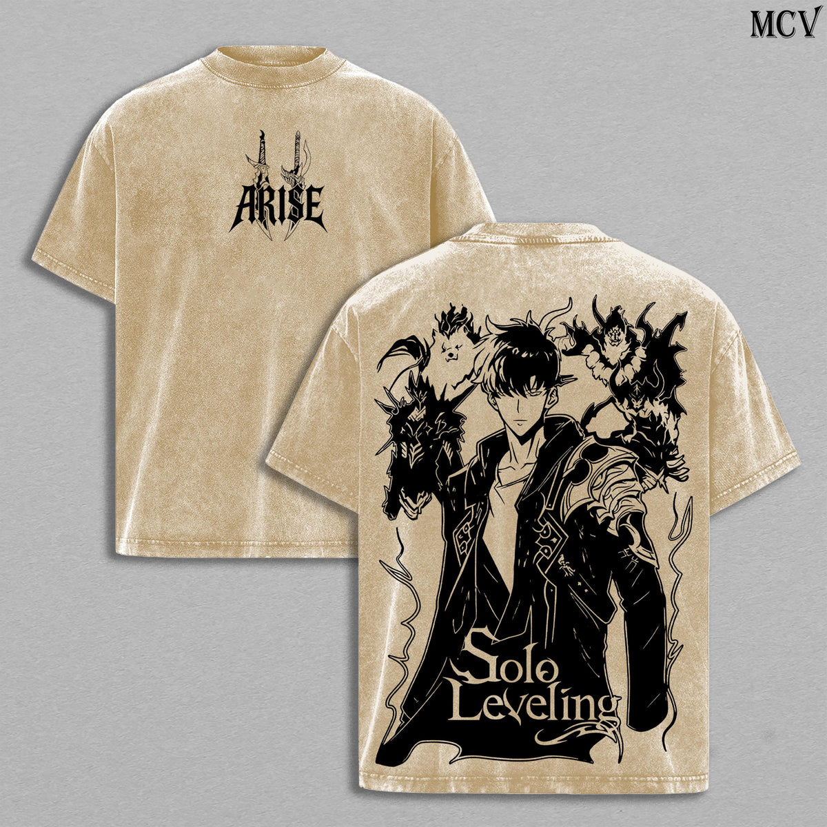 Arise Sung Jin-Woo Tee Washed – Solo Leveling Vintage Washed Heavy Cotton Oversized Anime Manga T-Shirt & Hoodie, Shadow Monarch with Beru Igris Bellion Tusk Edition, Double Printed Retro Unisex Streetwear Graphic Top