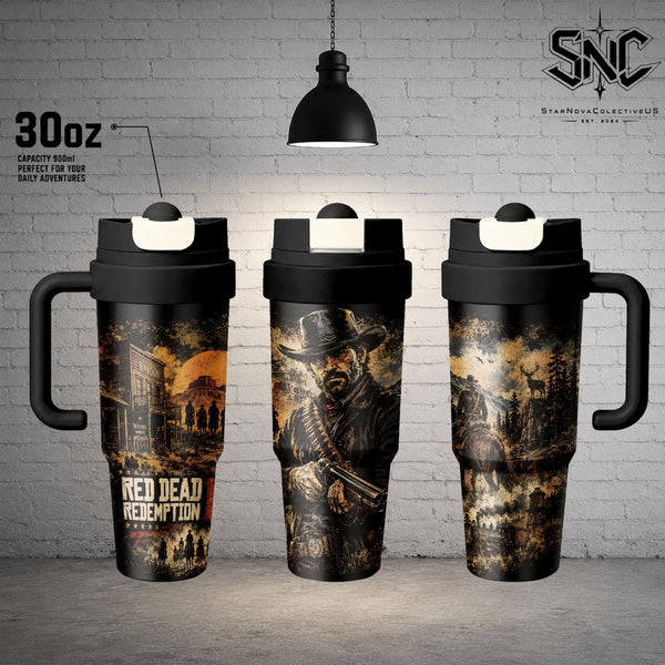 Vintage RDR2 Arthur Morgan Silhouette Double Wall Travel Tumbler – 17oz, 24oz, 30oz Stainless Steel Thermal Coffee Mug | Van der Linde Gang Western Outlaw Drinkware, Wild West Aesthetic Cup for Desk & Office