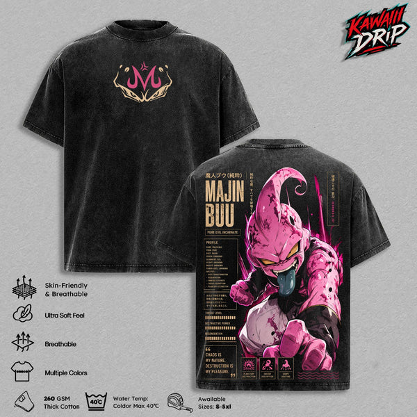 Majin Buu DBZ Vintage Washed T-Shirt - Kid Buu Graphic Tee DBZ Anime Streetwear Oversized Heavy Cotton Shirt Retro Manga Unisex Apparel DBZ Gift for Men & Women