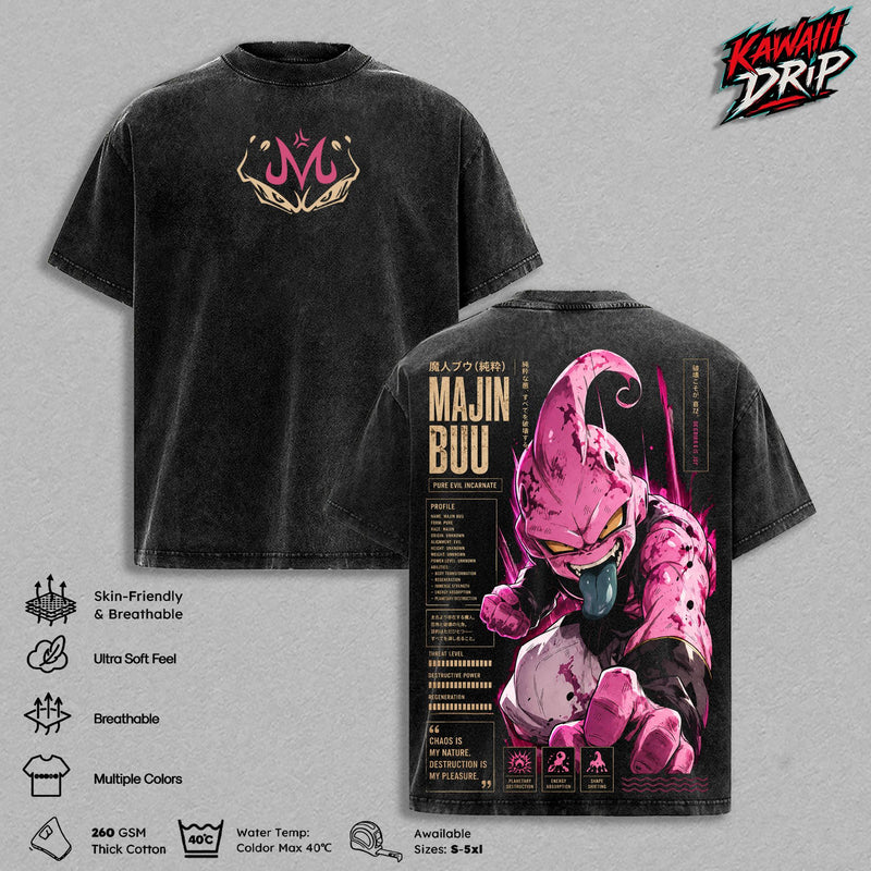 Majin Buu DBZ Vintage Washed T-Shirt - Kid Buu Graphic Tee DBZ Anime Streetwear Oversized Heavy Cotton Shirt Retro Manga Unisex Apparel DBZ Gift for Men & Women