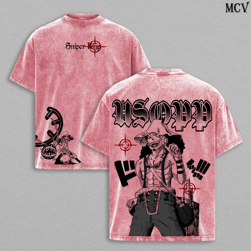 Usopp Washed Tee – Sniper King One Piece Anime Manga Sogeking Graphic Double Printed T-Shirt, Menswear Heavy Cotton Unisex Oversize Vintage Streetwear Sniper Edition