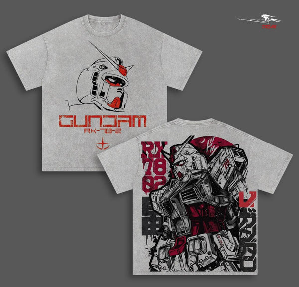 Gundam Mecha Anime Double Printed Vintage Washed Tee Unisex Oversize Anime Manga Washed Heavyweight Cotton T-shirt