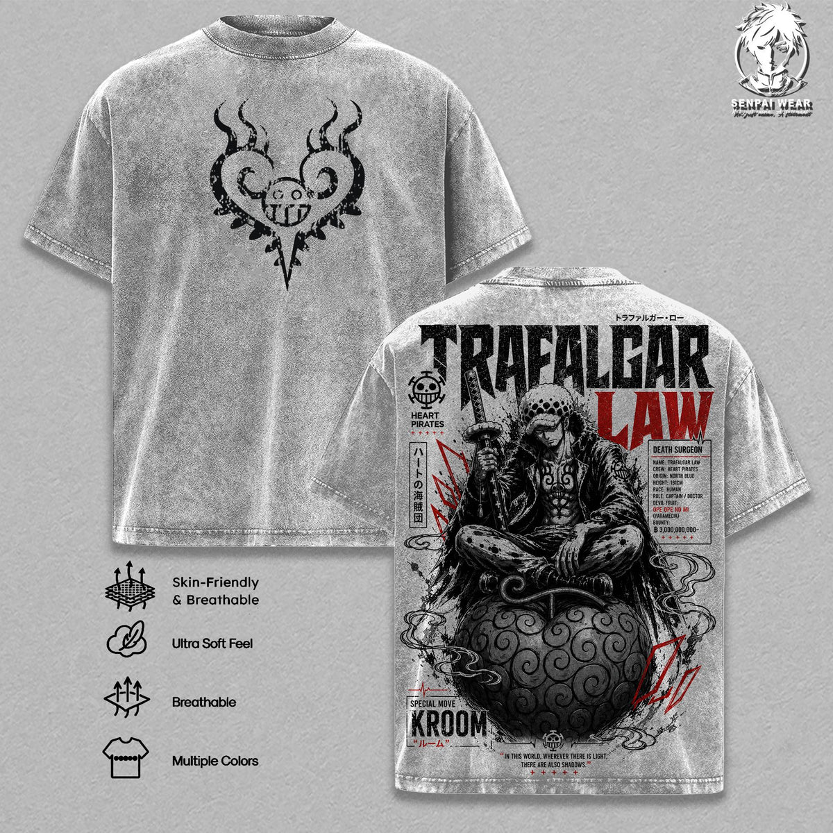 Trafalgar Law Graphic Tee OP Vintage Washed Shirt Unisex Streetwear Anime Merch Surgeon of Death Tee Manga T-Shirt Gift for Anime Lovers Fans