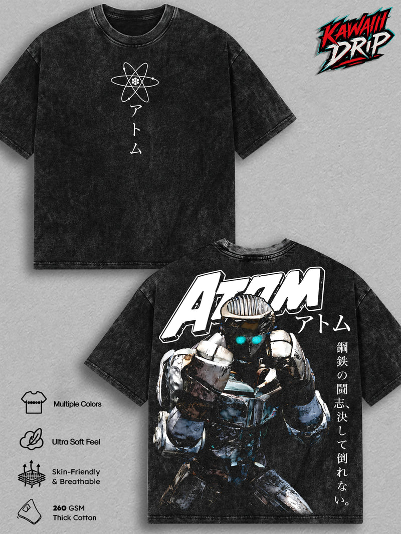 Atom Real Steel Vintage Washed T Shirt Boxing Robot Movie Graphic Tee Sci Fi Robot Fighter Oversized Streetwear Cotton Tshirt Classic Menswear Clothes Apparel Gift for Real Steel Fans Men & Women