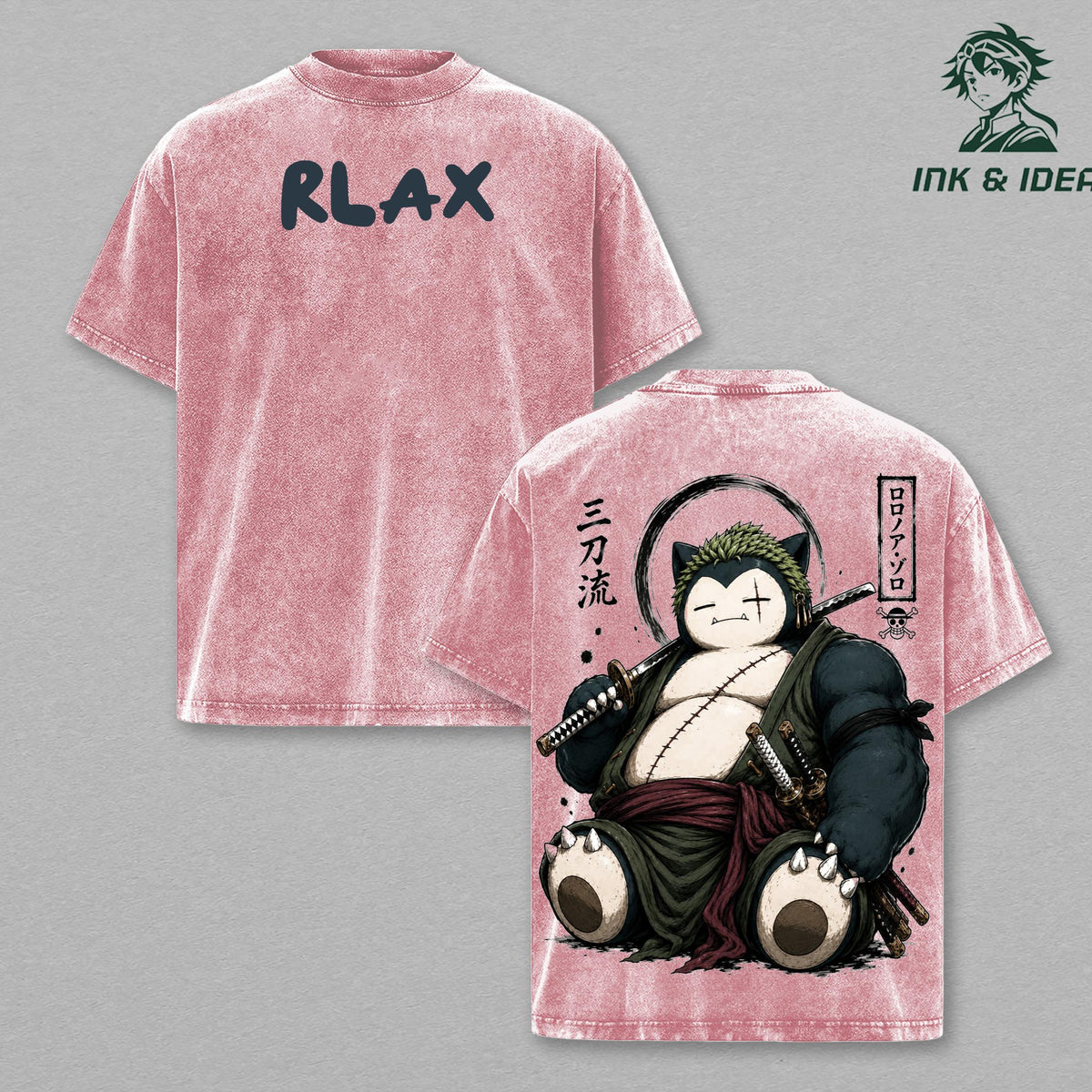 Snorlax Zoro One Piece Vintage Washed Oversized Anime Gym T-Shirt, Samurai PKM Mashup Graphic Tee, Heavyweight Cotton Streetwear Pump Cover Shirt