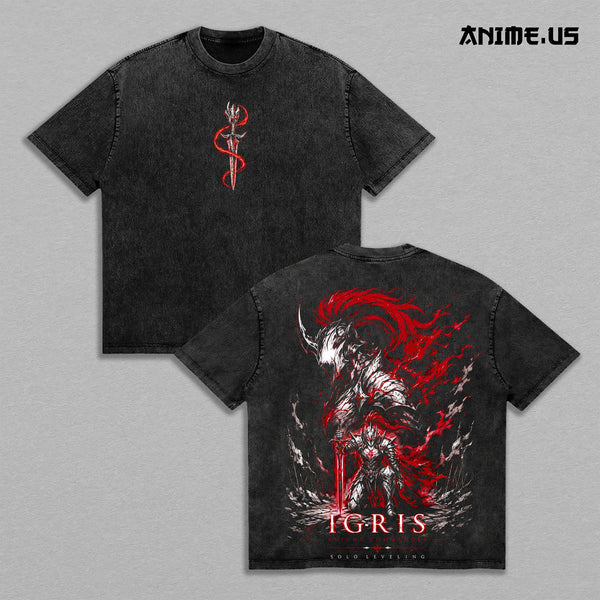 Igris Knight Commander Solo Leveling Vintage Washed T-Shirt | Shadow Knight Anime Graphic Tee | Oversized Heavyweight Streetwear Shirt