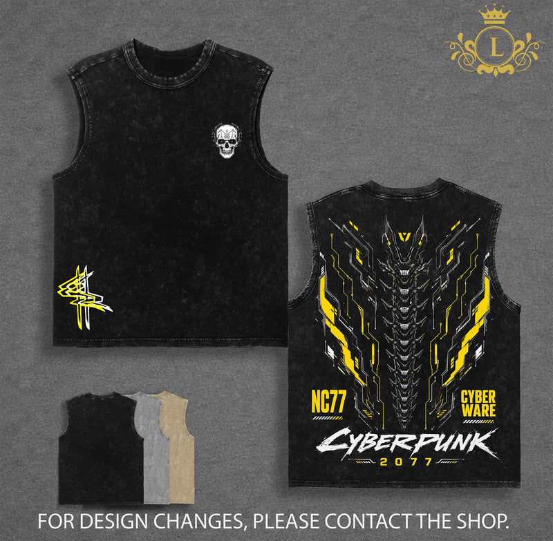 Cyberpunk 2077 V2 Gaming Double Printed Vintage Washed Tee Unisex Oversize Washed Heavyweight Cotton T-shirt, Gift For Gamers, Game Lover