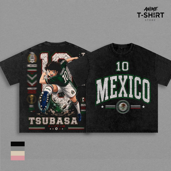 Mexico World Football Tour 2026 x Tsubasa Vintage Washed Anime Soccer T Shirt, Retro Futbol Graphic Tee, Oversized Heavyweight Cotton Streetwear, Football Fan Shirt, Sports Aesthetic Gift Merch Apparel