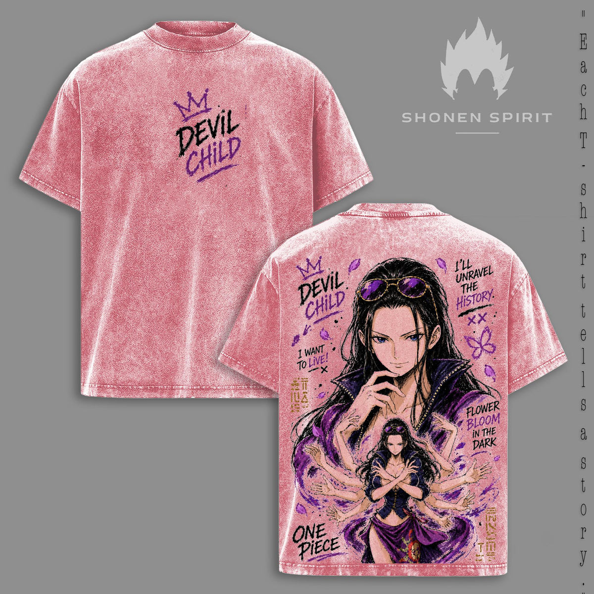 Nico Robin – One Piece Vintage Washed T-Shirt, Devil Child Anime Graphic Tee, Flower Bloom Dark Aesthetic Oversized Heavyweight Cotton Streetwear
