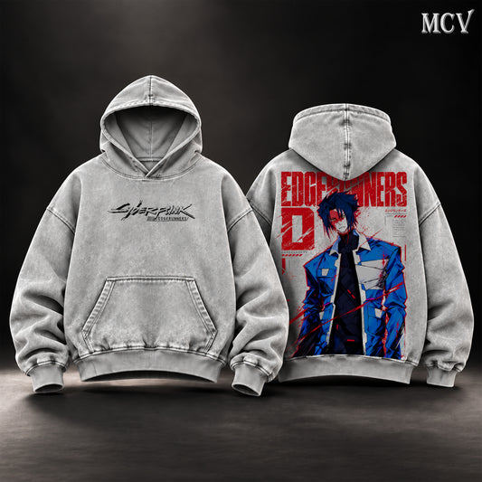 D Cyberpunk Edgerunners Vintage Washed Oversized Hoodie, Double-Sided Anime Graphic Pullover, Blue Jacket Cyberpunk Warrior Design, Futuristic Night City Artwork, Retro Y2K Streetwear, Unisex Cyberpunk Anime Fan Gift