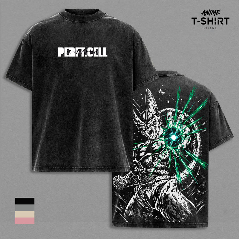 Perfect Cell DBZ T-Shirt - Perfect Cell Graphic Oversized Vintage Tee, DBZ Perfect Form Anime Merch, Washed Black Cotton Unisex